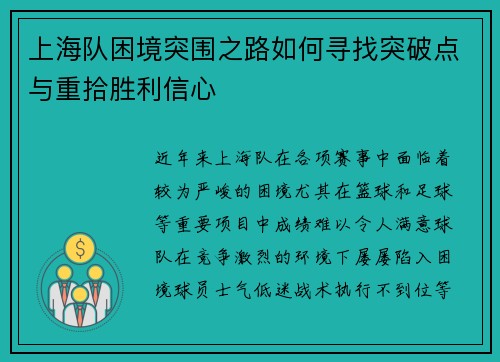 上海队困境突围之路如何寻找突破点与重拾胜利信心
