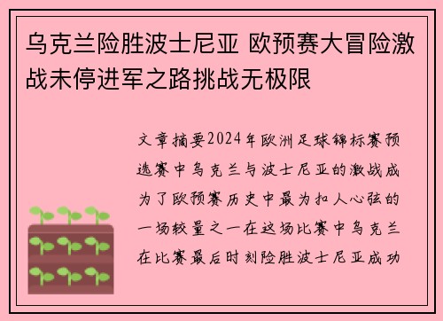乌克兰险胜波士尼亚 欧预赛大冒险激战未停进军之路挑战无极限