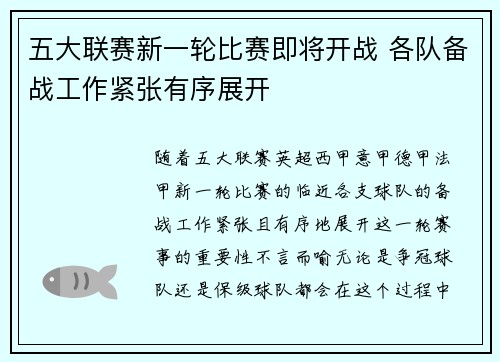 五大联赛新一轮比赛即将开战 各队备战工作紧张有序展开