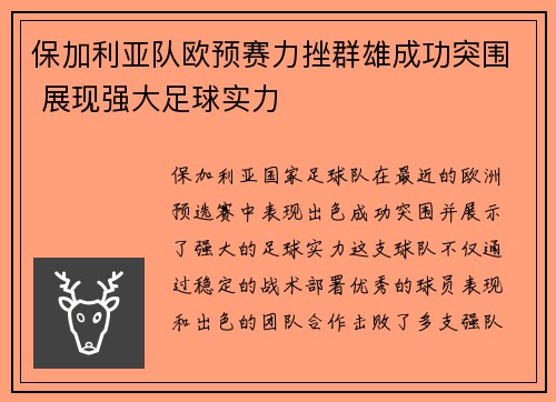 保加利亚队欧预赛力挫群雄成功突围 展现强大足球实力